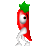 Pixelated red chili pepper with green stem, white limbs, and a single large eye, standing against gray background.