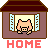 Pixel art contact sheet of an animated pig character peeking from a house window across 8 frames, with "HOME" text below each frame on gray background.