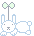 A 4-frame pixel art animation of a white rabbit with light blue outlines lying on its belly, holding a green sprout that changes position across frames against a gray background.