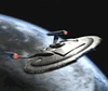 Animated sequence showing a starship in space with a planet, transitioning to a fleet view and text.