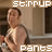 A pixelated image of a person in a room with text overlays reading 'stirrup' and 'pants' in blocky font.