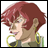 Pixelated anime-style character with red hair and large yellow hoop earrings on a white background, next to black background with silver text.