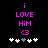 Pixelated text and symbols in bright pink on black background with white and gray heart icons below.
