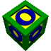 Green cube with yellow faces and blue circular symbols rotates through multiple angles against gray background.