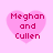 Four pink heart-shaped icons with 'Meghan and Cullen' text in dark pink pixelated font on a light pink background.