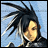 A pixelated anime-style character with spiky black and white hair against a light blue background, next to stylized text on a black background.
