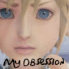 A close-up of a character's face with blue eyes and light brown hair, featuring text reading 'My Obsession' in two positions.