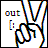 Pixelated static icon featuring a stick figure with arms raised, rainbow-colored lines above it, and text elements including 'out' and '[ : '