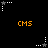 Black background with orange 'CMS' text and white/grey star-shaped icons in pixelated animation.