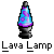 Pixelated lava lamp icon with blue and purple wax in a black base, displayed in a with repeated text below