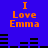 Blue background with orange text reading "I Love Emma" in two , black horizontal bars below the text arranged in a pattern