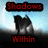 Pixelated image with red text 'Shadows' above and 'Walkin' below a dark figure against a light blue sky background.