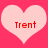 Two light pink hearts on a bright pink background, each containing the red text 'Trent' in a pixelated font.