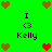 Green background with brown and red pixel hearts, text "I <3 Kelly" in black pixels arranged in a pattern