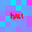 Four red 'hal!' texts on a blue and purple pixelated background, each text in a different quadrant