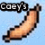 Pixelated banana-shaped icon with text labels 'Caey's', 'Hot Dog', and 'Stand' in black rectangular boxes on light blue background.