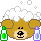 Pixelated brown bear head with white foam on top, holding green and purple bottles against gray background with snow-like pixels.