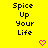 Yellow background with repeated text "Spice Up Your Life" and pink pixel hearts, one gray rectangle in bottom-right corner.