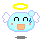 Pixelated angel icon with light blue face, yellow halo, white wings, and orange cheeks; four variations show different positions of a small blue teardrop near the right cheek.