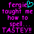 Pixelated text in bright pink and cyan on black background with a heart symbol replacing the 'i' in 'fergie'.