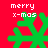 Red background with four green snowflakes and white text reading 'merry x-mas' above each snowflake.