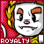 Pixelated cartoon face with orange eyebrows, white skin, and red mouth on red patterned background with 'ROYALTY' text below.