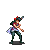 Pixel art character in purple top and dark pants holding a sword, shown in multiple action poses against gray background.