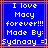 Blue background with white pixelated text reading "I love Macy forever!!! Made By: Sydney =)" in a