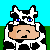 Pixel art buddy icon featuring a cow-costumed character with closed eyes and the word "MOO" on a gray background, split into two frames showing different backgrounds.