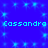 Blue background with repeating light blue square sparkles and two lines of cyan text reading 'Cassandra' in pixelated font.