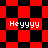Red and black checkered pattern with white text 'Heyyyy' repeated across four quadrants, transitioning from square to diamond