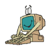 Animated cartoon computer with blue screen, beige body, and smiling face typing on keyboard against gray background.