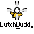 Animated pixel art of a figure with white head and yellow torso rotating through multiple poses against gray background, text 'DutchBuddy' repeated below.