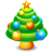 Pixelated green Christmas tree with blue and orange ornaments, topped with an orange star, on a gray background.
