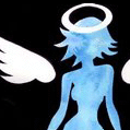 Static icon of a blue angelic figure with white wings and halo against black background, rendered in low-resolution pixel art style.