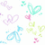 Pixelated pastel icons on white background: light purple hearts, mint green butterfly with pink heart, cyan fish-like shape, and pale yellow abstract forms.
