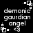 Pixelated white text on black background with four identical showing 'demonic gaurdian angel' and '<3', each has a small square icon above left corner