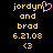 Pixelated text displays 'jordyn' with a pink heart symbol, 'and', 'brad', '6.21.08', and '<3' on a black background.