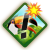 Pixelated diamond-shaped icon with green border, light blue sky, yellow sunburst, orange and white clouds, green grass, and black rectangular shapes.