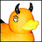 Pixelated cartoon duck-like creatures with horns in orange, dark blue, and yellow colors on white backgrounds.