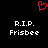 Red pixelated heart symbol above white text reading 'R.I.P. Frisbee' on black background, duplicated side-by-side.