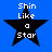 Four identical pixelated black stars on a solid blue background, each containing white text reading "Shin Like a Star" in a vertical arrangement.