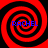 Four identical red and black spiral patterns arranged in a with blue text "RACHEL" overlaid on each spiral