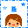 Pixelated avatar with brown hair and red lips, framed by blue and light blue stars and a blue 'B' symbol on white background.