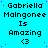 A static digital image displays repeated text "Gabriella Malgonee Is Amazing <3" in black pixelated font on a bright cyan background with scattered purple dots.