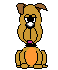 Pixelated cartoon dog with brown fur, black eyes, white nose, and pink collar sits against gray background in three distinct poses.