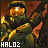 A 48x48 pixel animated contact sheet showing two frames of a Halo 2 character in green armor with orange visor light, holding a weapon against a brown background.