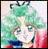 Pixelated image of a character with green hair, blue eyes, and a blue outfit against a light background with red accents.