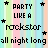 Pixelated text repeats 'PARTY LIKE A rockstar all night long' with alternating star symbols on striped pastel background.