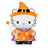 Pixelated cartoon cat in orange witch costume with purple accents, holding a wand on white background next to orange text